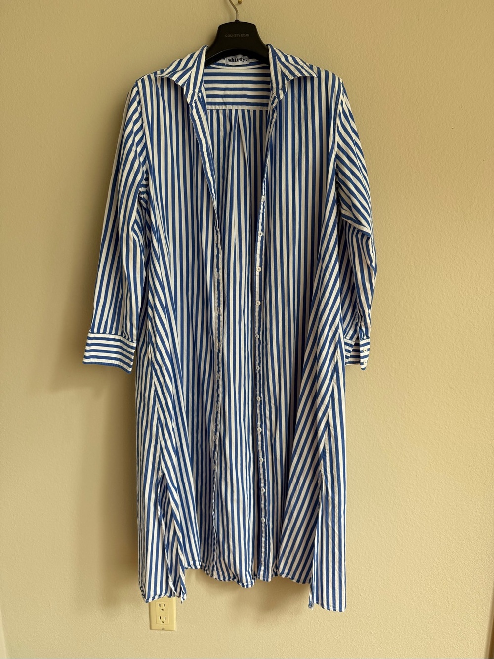 “Shirty” Striped Blue and White Long-Sleeve Shirt Dress with optional belt